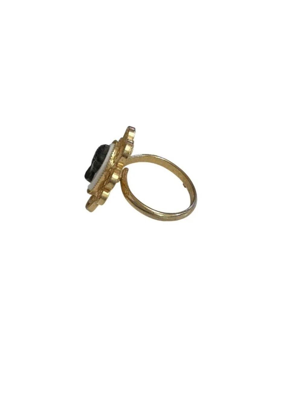 Vintage Gold Cameo Ring With Black Silhouette & Ornate Frame Adjustable Size 7